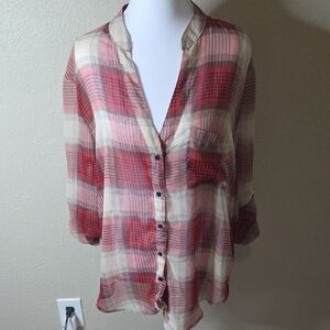 Weavers Sheer Small Red and Gray Plaid Shirt